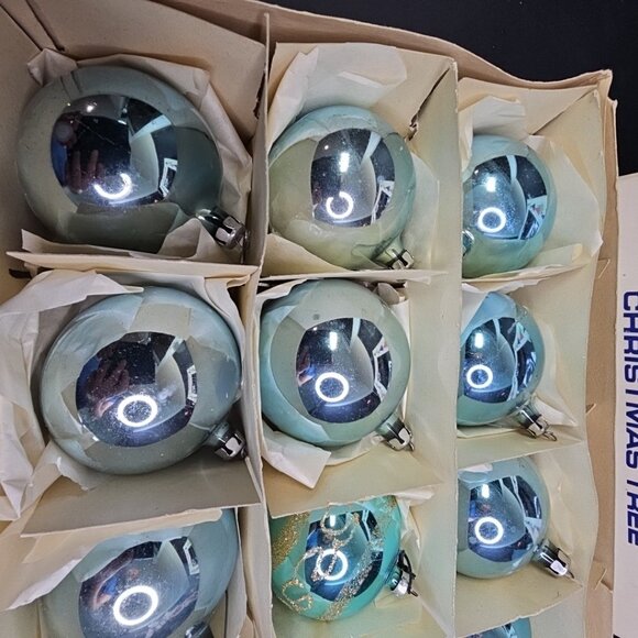 Poland Santa Land 1950s 1960s 12pcs Christmas Ornaments Blue Glass With BOX READ - Picture 14 of 16